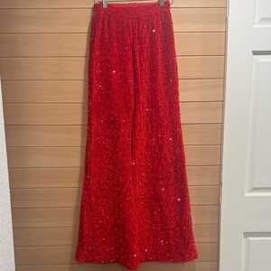 Elegant Red Sequin Flare Pants